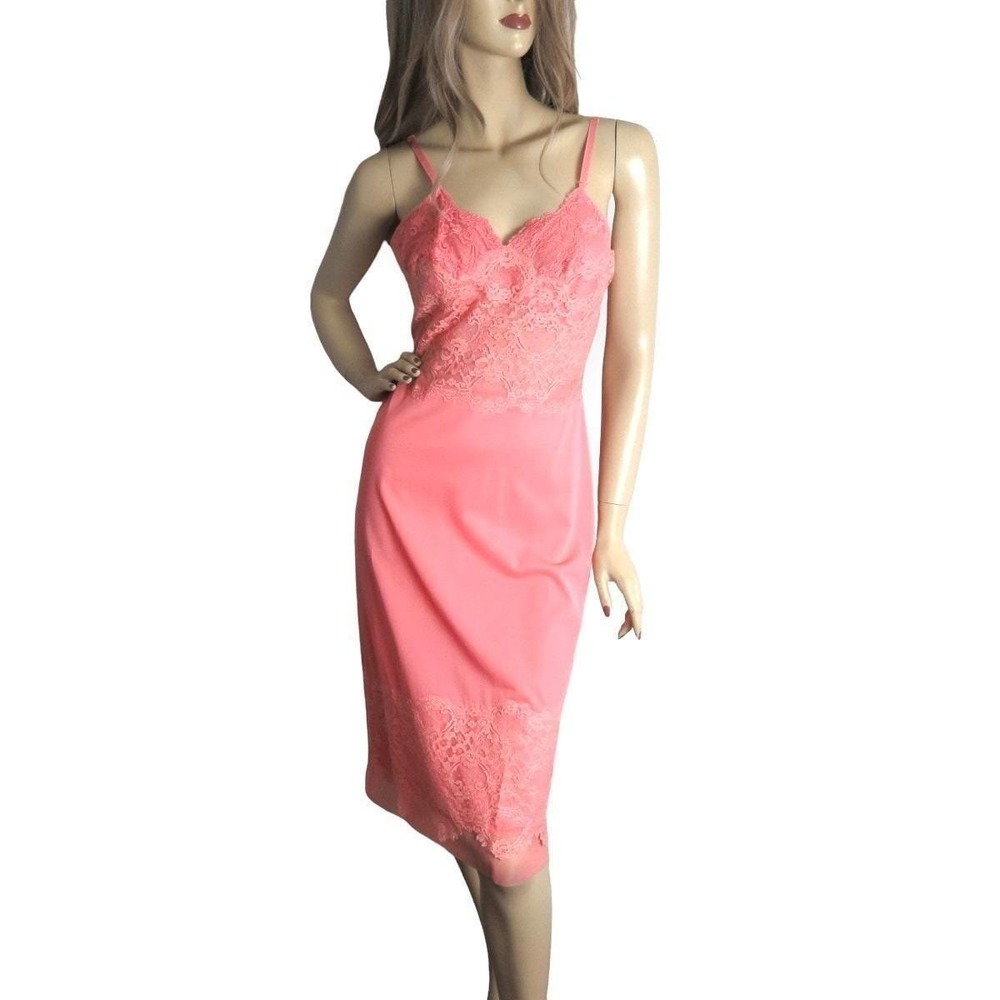 Vintage 1960s Flamingo Pink‎ Lace Slip Dress Small Fairycore Coquette Lingerie - Picture 2 of 9